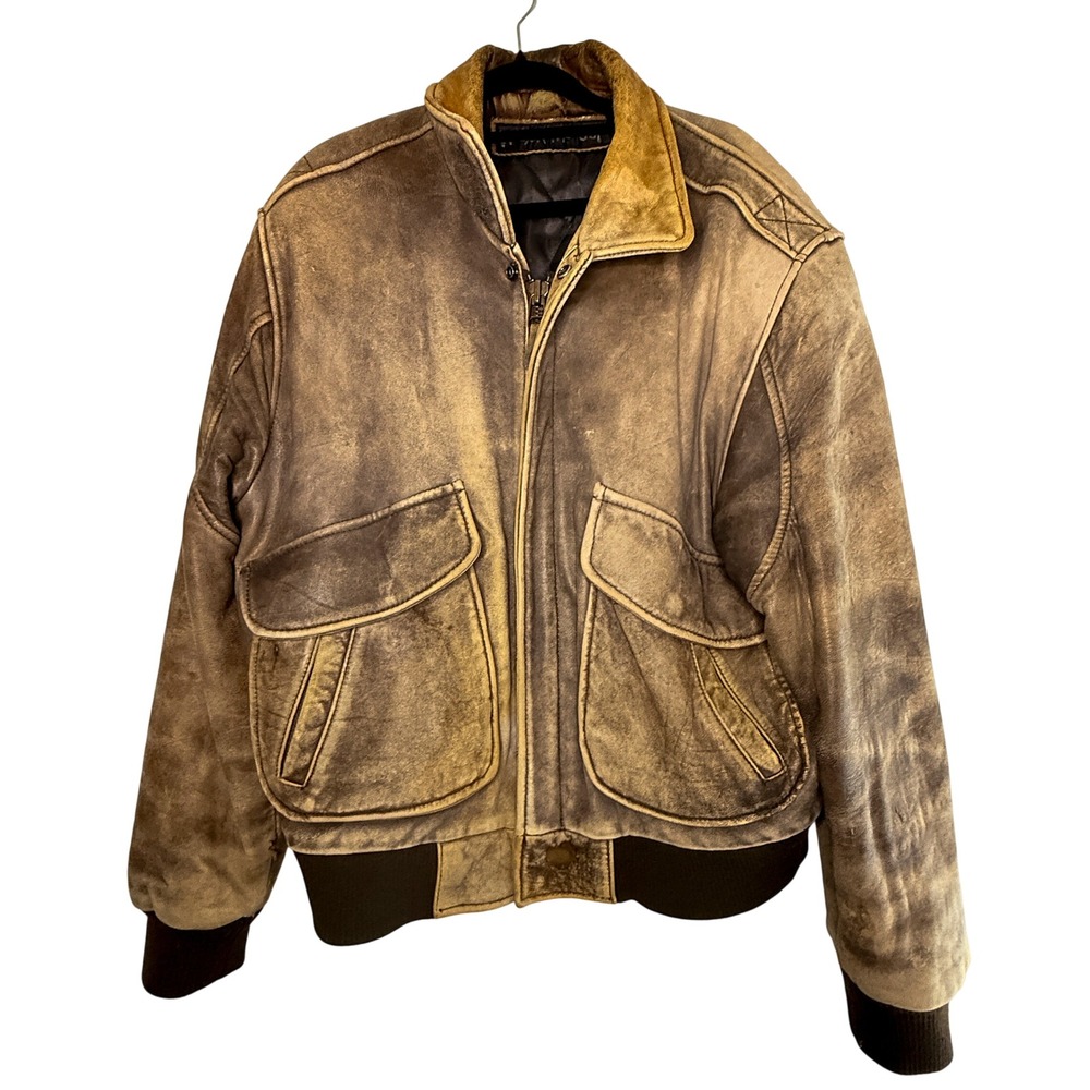 Vintage U2 Wear Me Out Leather Bomber Jacket Mens 40 Medium Brown Distressed 80s